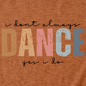 Detail of retro colorful DANCE print on caramel short sleeve casual knit t-shirt