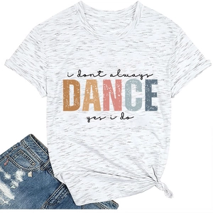 Detail of grey casual t-shirt featuring dance graphic and stylish front knot design