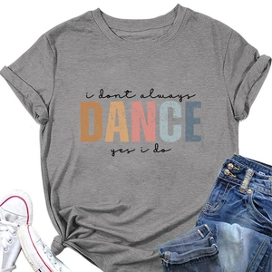 Flat lay of gray cotton t-shirt with dance slogan, blue jeans, and white sneakers