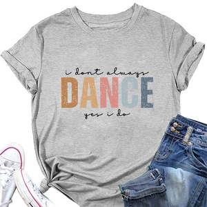 Flat lay of gray casual t-shirt with dance print and decorative front knot detail