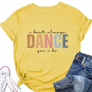 Detail of yellow cotton T-shirt featuring retro i don't always dance print and rolled sleeves