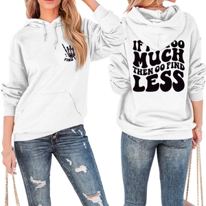 Detail view of white hoodie with front skull print and back typographic design text