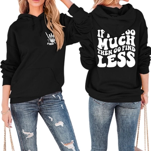Front and back view of a black hoodie with white text slogans and bone hand print