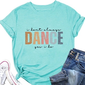 Flat lay of aqua casual t-shirt with i don't always dance print and denim jeans