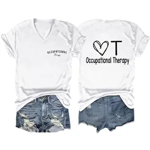 Women Cotton Blend V Neck T Shirt Occupational Therapy Letter Print Heart Graphic Casual Short Sleeve Top
