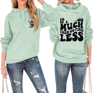 Front and back detail of a mint green casual hoodie with skull hand print and kangaroo pocket