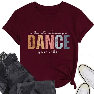 Detail of burgundy casual t-shirt with distressed DANCE print and side knot styling