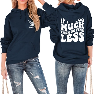 Navy blue hoodie set featuring white skull print and GO FIND LESS slogan on the back