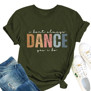 Detail of army green cotton t-shirt featuring dance print and stylish knot at the hem