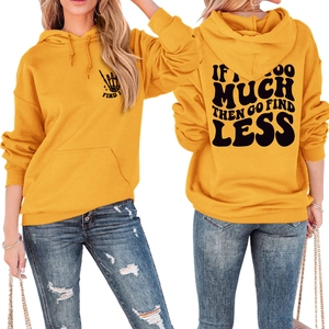 Detailed front and back views of a yellow hoodie with black typography print on cotton fabric