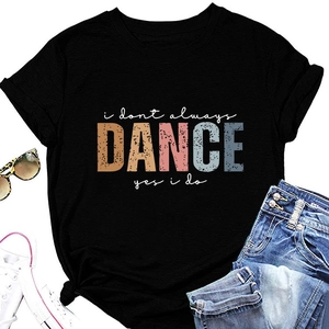 Flat lay of black cotton t-shirt with vintage dance quote lettering and denim shorts