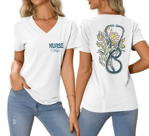 Detailed back view of white V-neck nursing T-shirt with stethoscope floral graphic