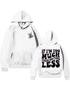 Detail of white cotton hoodie with FIND LESS skull print and back slogan graphics