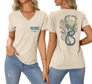Slim fit V-neck T-shirt detail showing front NURSE life print and back floral stethoscope design