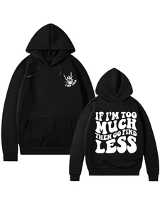 Front and back views of a black hoodie with 'GO FIND LESS' street style graphic print