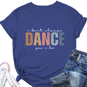 Flat lay of navy blue crew neck t-shirt with dance slogan paired with denim and white shoes