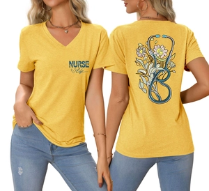 Detailed front and back views of yellow V-neck nurse life T-shirt with floral stethoscope print