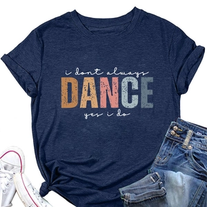 Close-up of navy blue T-shirt featuring retro i don't always dance typography print