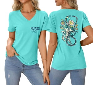 Detail view of teal V-neck T-shirt featuring NURSE life text and floral stethoscope print