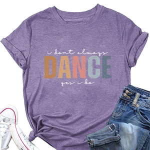 Detail of purple cotton T-shirt with DANCE graphic and breathable crew neck fabric