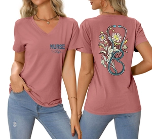 Detail of V-neck nurse life T-shirt in dusty pink with stethoscope floral back print
