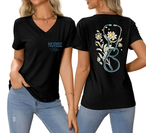 Front and back detail of V-neck nurse t-shirt with stethoscope floral print in black