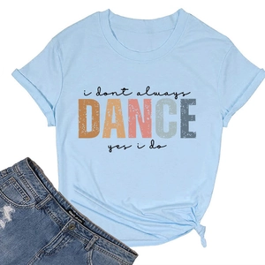 Detail of light blue knot-hem t-shirt with vintage I Don't Always Dance print design