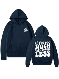 Navy blue hoodie detail showing casual graphic print and GO FIND LESS lettering back