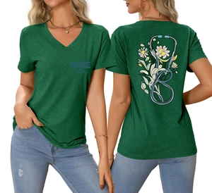 Detail of dark green V-neck nurse life T-shirt with stethoscope floral back print