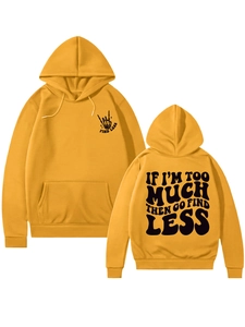 Flat lay view of ginger yellow hoodie with front and back typographic print details