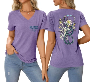 Detail of purple V-neck t-shirt with NURSE life text and floral stethoscope print