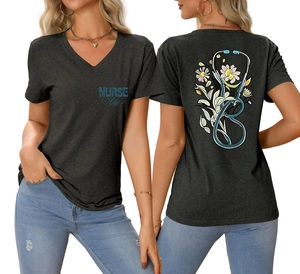 Front and back detail of Nurse Life V-neck T-shirt with stethoscope floral print