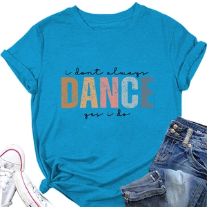 Flat lay of sky blue T-shirt with 'I don't always dance' print and denim jeans