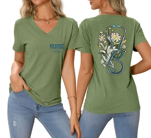 Detail view of V-neck sage green T-shirt with 'NURSE life' print and floral stethoscope