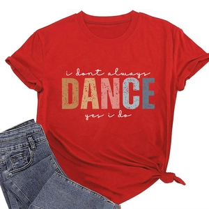 Detail of red short sleeve T-shirt with 'i don't always DANCE' print and waist knot