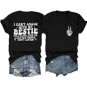 Maglietta Donna Scollo V E Pantaloncini Denim Stampa Grafica Umoristica Mano Scheletro Vestibilità Morbida Casual Estate Streetwear