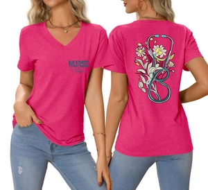 Detailed front and back view of rose pink V-neck Nurse Life T-shirt with floral stethoscope