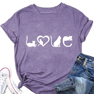 T-shirt violet en coton posé à plat avec silhouette de chat et imprimé LOVE