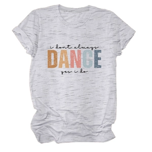 Close-up of rolled cuffs and colorful dance slogan print on grey cotton t-shirt