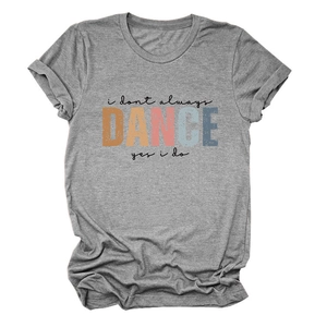 Detail of grey short sleeve T-shirt featuring retro i don't always dance graphic print