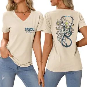 Women Nurse Life V-Neck Short Sleeve T-Shirt Stethoscope Floral Print Cotton Blend Casual Summer Graphic Top