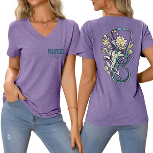 Women's purple V-neck nurse life t-shirt with medical floral stethoscope print