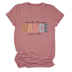 Close-up of vintage slogan print on dusty rose cotton blend casual t-shirt fabric