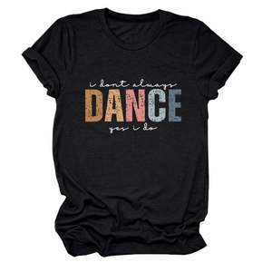 Detail of black cotton t-shirt with retro colorful DANCE slogan print and soft texture