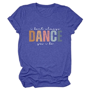 Detail of blue heather cotton t-shirt featuring retro i don't always dance graphic print