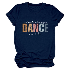 Detail of navy blue cotton t-shirt featuring retro i don't always dance graphic print