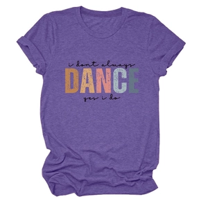 Detail of purple cotton T-shirt featuring colorful DANCE letter print and crew neck design