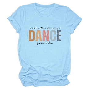 Detailed flat lay of light blue cotton T-shirt with vintage 'i dont always DANCE' print