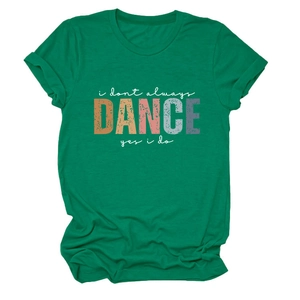 Close-up of emerald green cotton T-shirt featuring vintage multi-colored DANCE slogan print