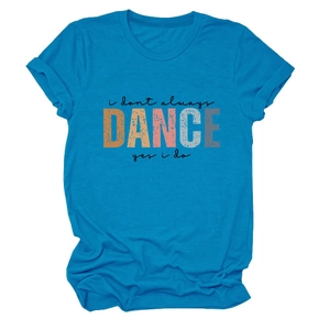 Detail of blue cotton T-shirt featuring retro colorful DANCE screen print and humor text